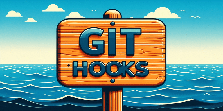 A wooden board in the ocean with the text: 'GIT HOOKS'.